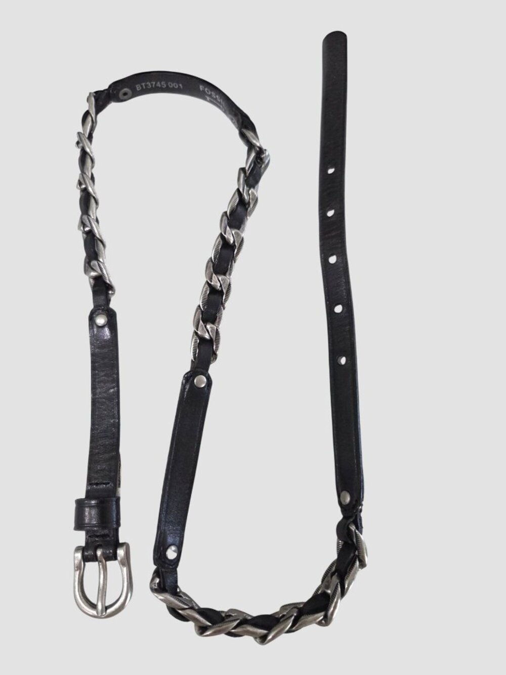 Vintage Fossil Interwoven Chain Leather Belt Sz S Black & Silver Edgy Y2K Grunge